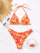 Conjunto de biquíni de 2 peças com estampa floral triangular, decote halter, costas nuas, corte alto, moda praia e roupas femininas