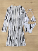 Robe de Praia Ombro a Ombro Feminino – Estampa Abstrata em Preto e Branco, Manga Longa, Poliéster de Alta Elasticidade, Biquíni Tomara que Caia com Detalhe Cruzado, Perfeito para Férias e Beira da Piscina