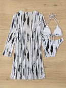 Robe de Praia Ombro a Ombro Feminino – Estampa Abstrata em Preto e Branco, Manga Longa, Poliéster de Alta Elasticidade, Biquíni Tomara que Caia com Detalhe Cruzado, Perfeito para Férias e Beira da Piscina