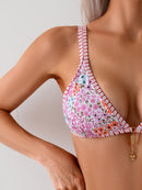 Traje de banho biquíni estampado cruzado europeu e americano, cintura alta modeladora e sensual para férias na praia