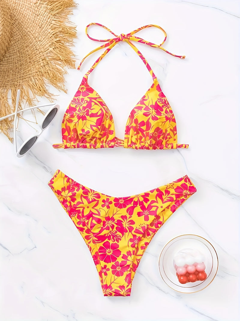 Conjunto de biquíni de 2 peças com estampa floral triangular, decote halter, costas nuas, corte alto, moda praia e roupas femininas