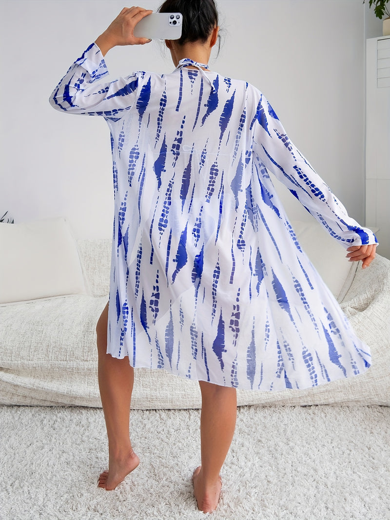 Robe de Praia Ombro a Ombro Feminino – Estampa Abstrata em Preto e Branco, Manga Longa, Poliéster de Alta Elasticidade, Biquíni Tomara que Caia com Detalhe Cruzado, Perfeito para Férias e Beira da Piscina