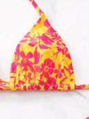 Conjunto de biquíni de 2 peças com estampa floral triangular, decote halter, costas nuas, corte alto, moda praia e roupas femininas