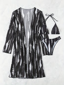 Robe de Praia Ombro a Ombro Feminino – Estampa Abstrata em Preto e Branco, Manga Longa, Poliéster de Alta Elasticidade, Biquíni Tomara que Caia com Detalhe Cruzado, Perfeito para Férias e Beira da Piscina