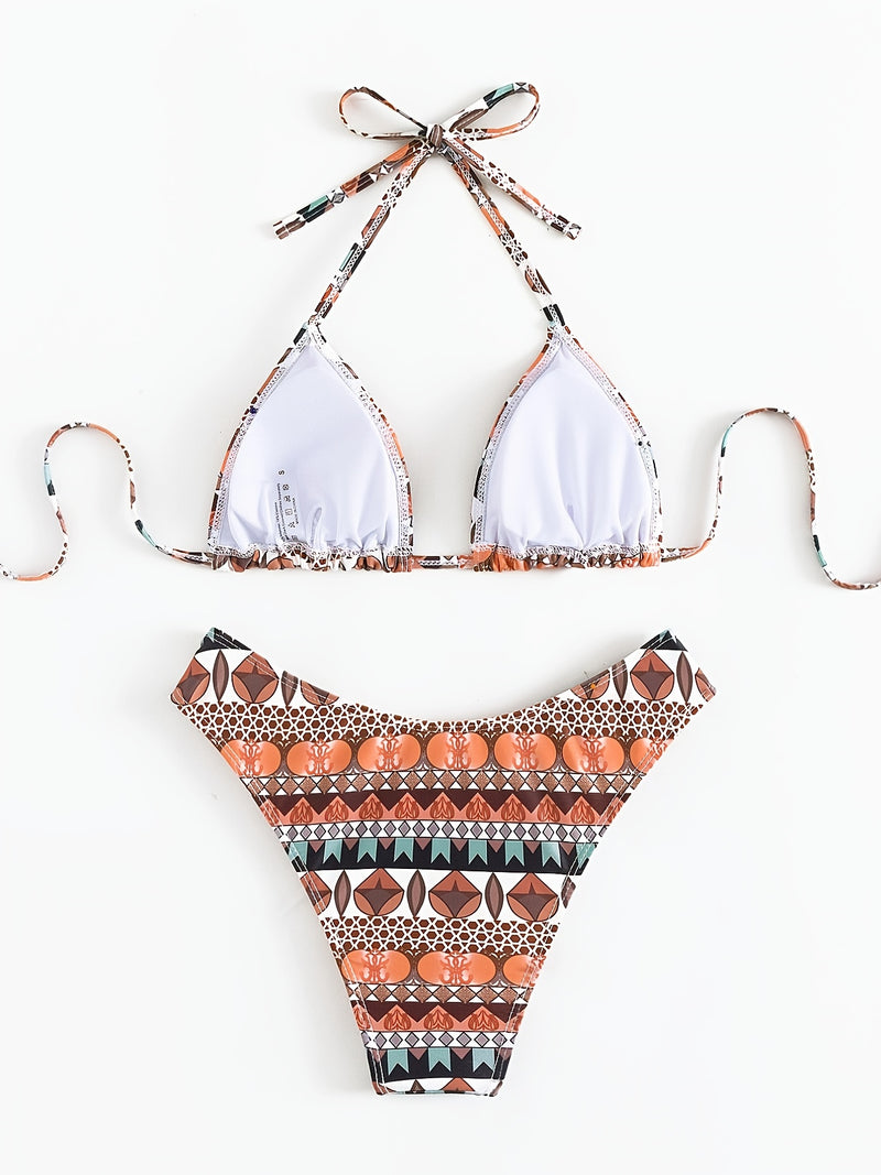 Conjunto de Biquíni Feminino com Estampa Floral - Alta Elasticidade, Top Halter com Amarração nas Costas & Calcinhas de Corte Alto, Lavável à Máquina