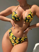 Conjunto de biquíni de 2 peças com estampa de girassol e alça triangular, maiôs elásticos com alças amarradas nas costas, moda praia e roupas femininas