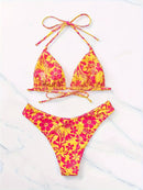 Conjunto de biquíni de 2 peças com estampa floral triangular, decote halter, costas nuas, corte alto, moda praia e roupas femininas