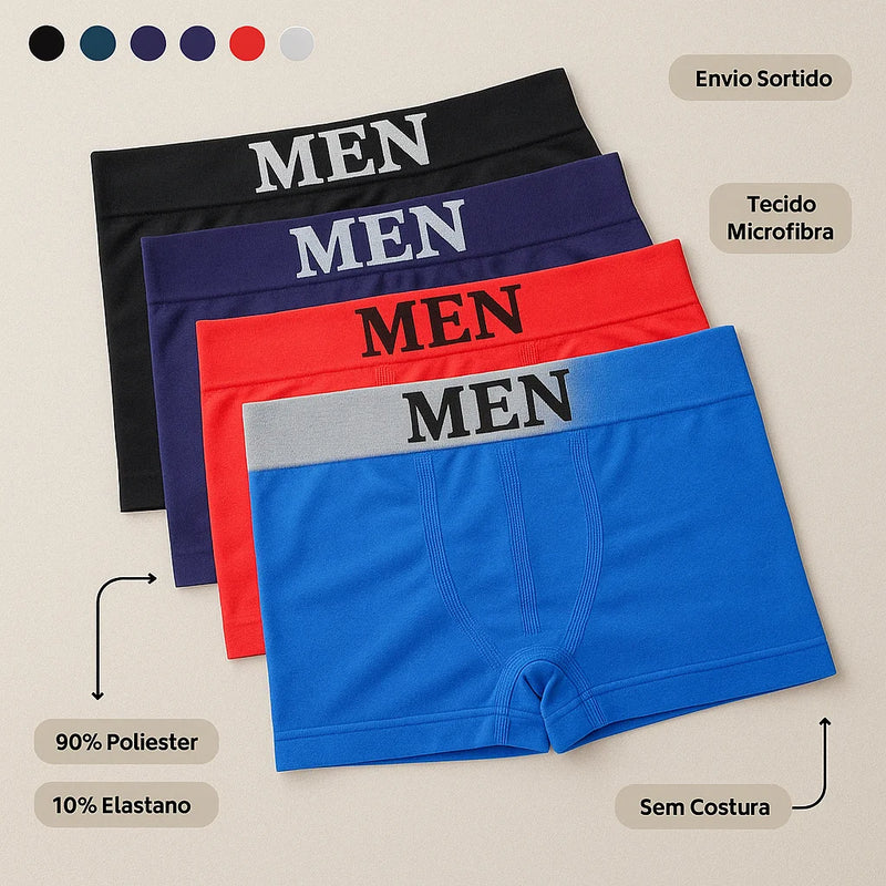 kit com 4 Cuecas Boxer Masculinas Sem Costura de Microfibra