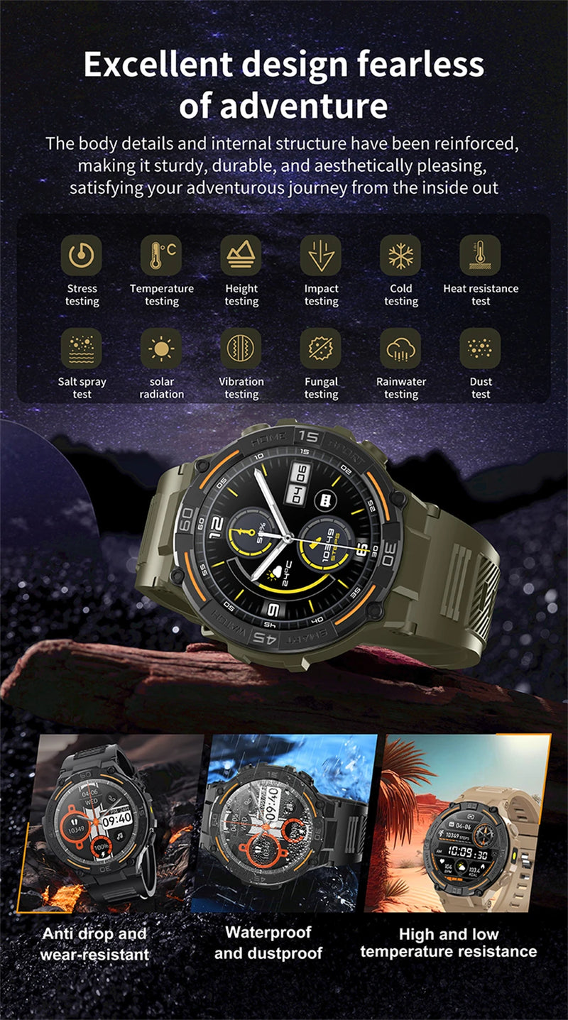 Smartwatch militar à prova d'água para homens, tela HD, lanterna, monitoramento de saúde, freqüência cardíaca, chamada BT, relógio inteligente para Android, IOS, 360x360