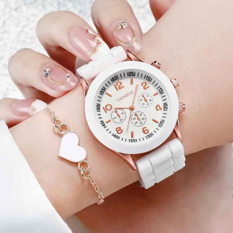 Conjunto Kit 5/6 Relógios de Quartzo | Pulseira de Silicone | Estilo e Elegância para Mulheres e Meninas