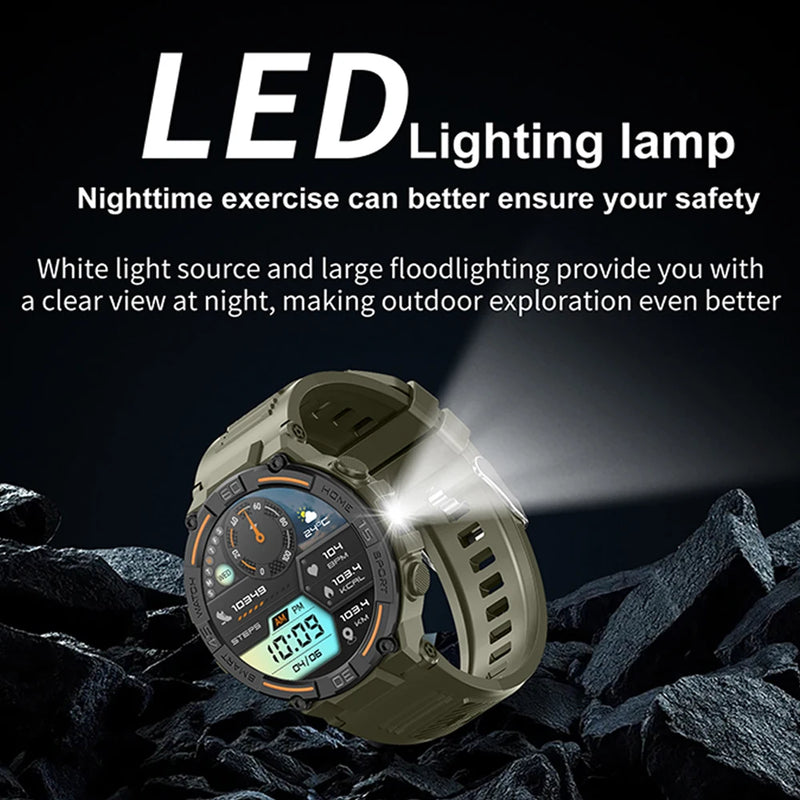 Smartwatch militar à prova d'água para homens, tela HD, lanterna, monitoramento de saúde, freqüência cardíaca, chamada BT, relógio inteligente para Android, IOS, 360x360
