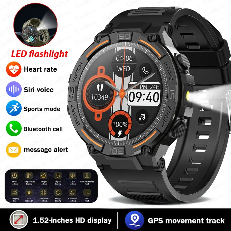 Smartwatch militar à prova d'água para homens, tela HD, lanterna, monitoramento de saúde, freqüência cardíaca, chamada BT, relógio inteligente para Android, IOS, 360x360