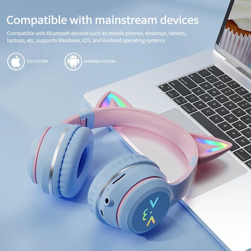 Fones de ouvido bluetooth com microfone, Orelha de gato e com Luzes