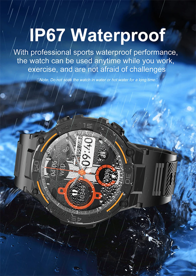 Smartwatch militar à prova d'água para homens, tela HD, lanterna, monitoramento de saúde, freqüência cardíaca, chamada BT, relógio inteligente para Android, IOS, 360x360