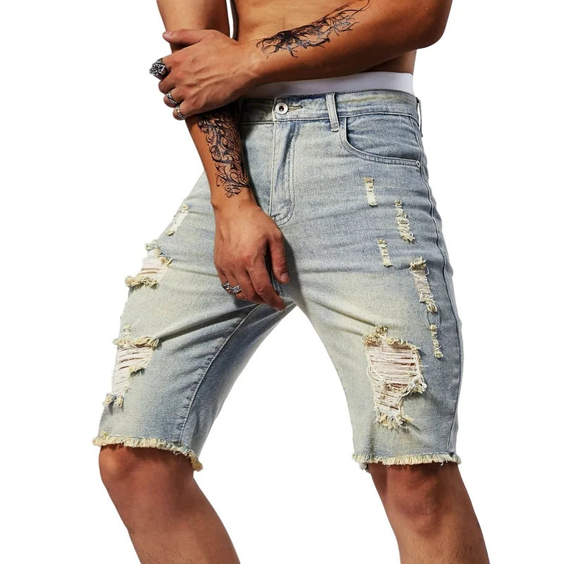 Shorts jeans rasgados de estiramento masculino