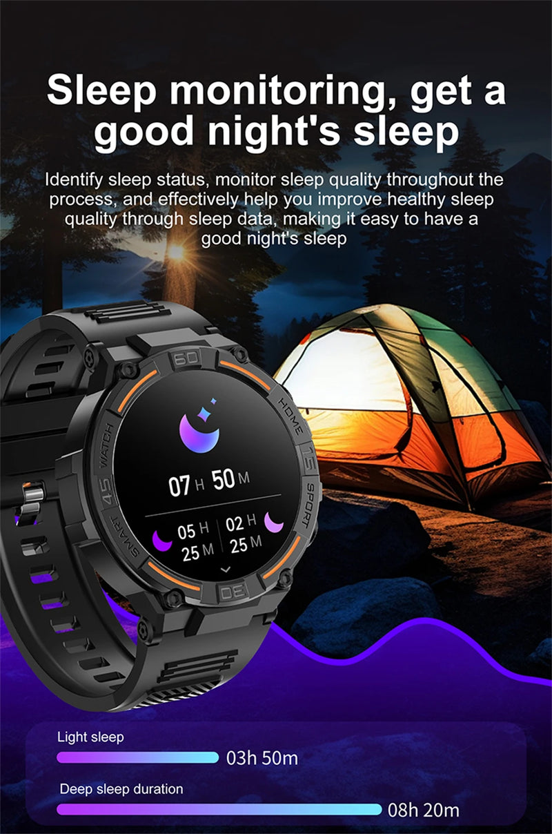 Smartwatch militar à prova d'água para homens, tela HD, lanterna, monitoramento de saúde, freqüência cardíaca, chamada BT, relógio inteligente para Android, IOS, 360x360