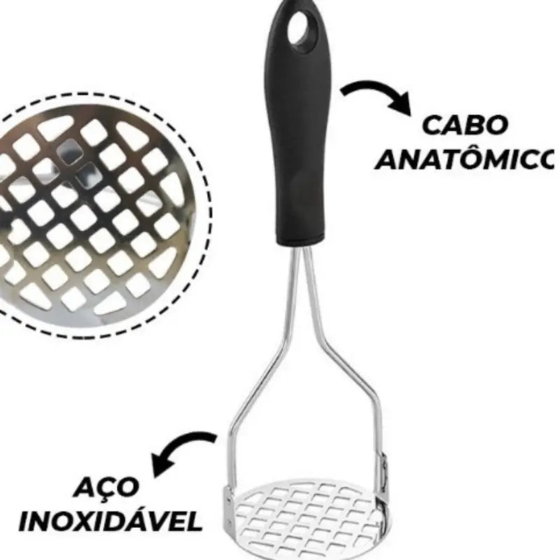 Amassador de Batatas e Legumes Multiuso em Aço Inox com Cabo Plástico