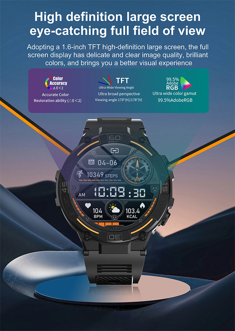Smartwatch militar à prova d'água para homens, tela HD, lanterna, monitoramento de saúde, freqüência cardíaca, chamada BT, relógio inteligente para Android, IOS, 360x360