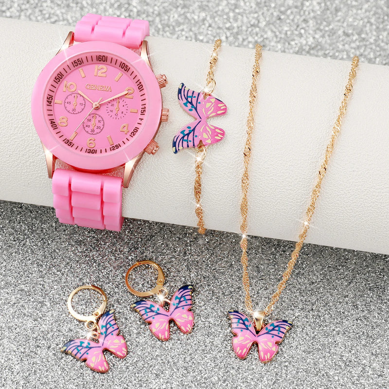 Conjunto Kit 5/6 Relógios de Quartzo | Pulseira de Silicone | Estilo e Elegância para Mulheres e Meninas