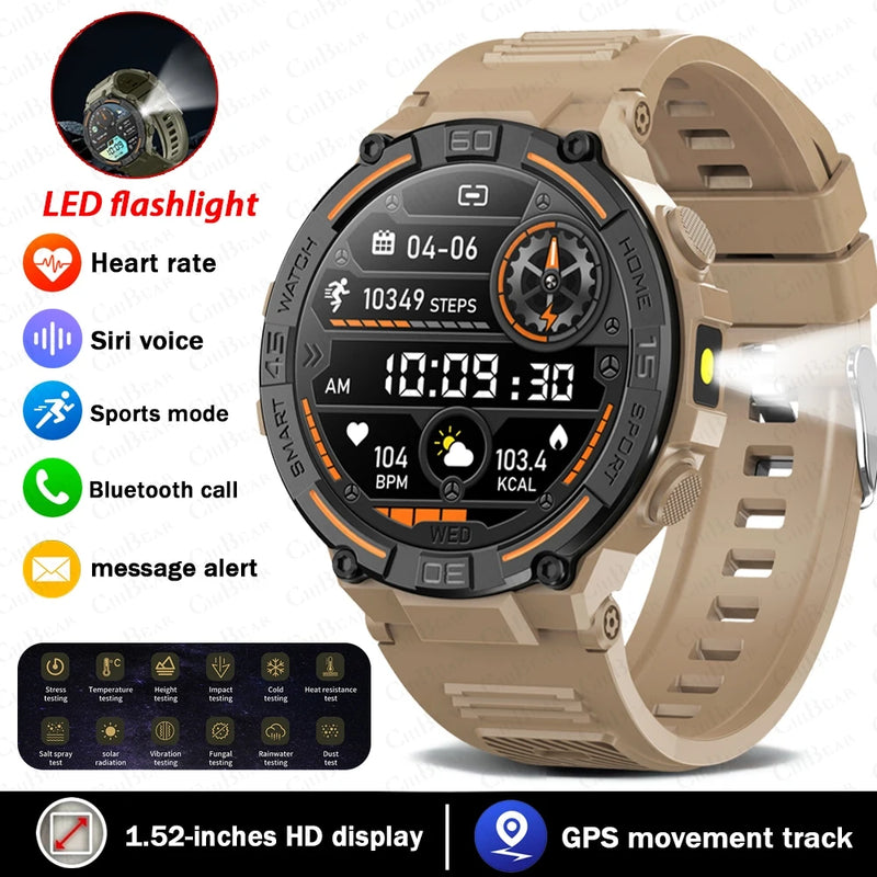 Smartwatch militar à prova d'água para homens, tela HD, lanterna, monitoramento de saúde, freqüência cardíaca, chamada BT, relógio inteligente para Android, IOS, 360x360