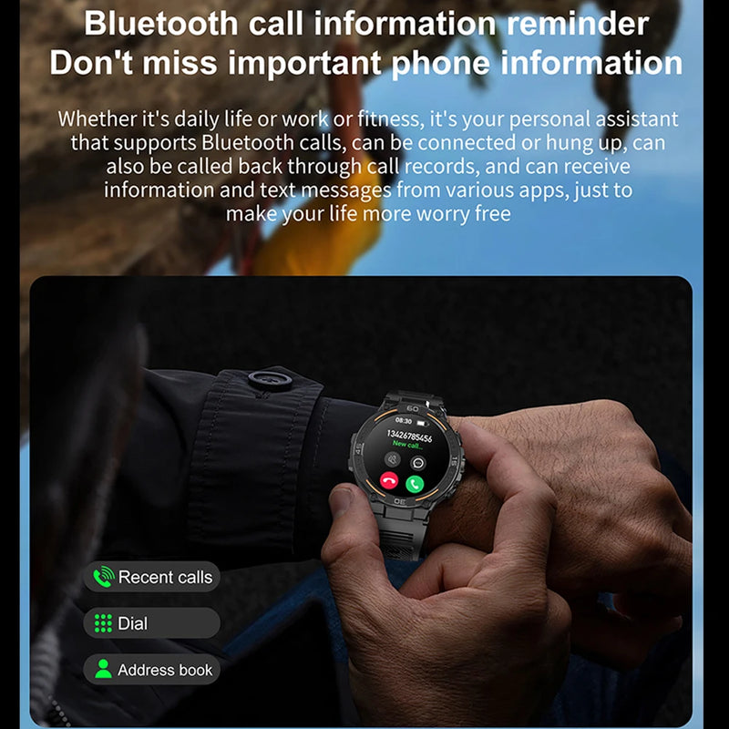 Smartwatch militar à prova d'água para homens, tela HD, lanterna, monitoramento de saúde, freqüência cardíaca, chamada BT, relógio inteligente para Android, IOS, 360x360