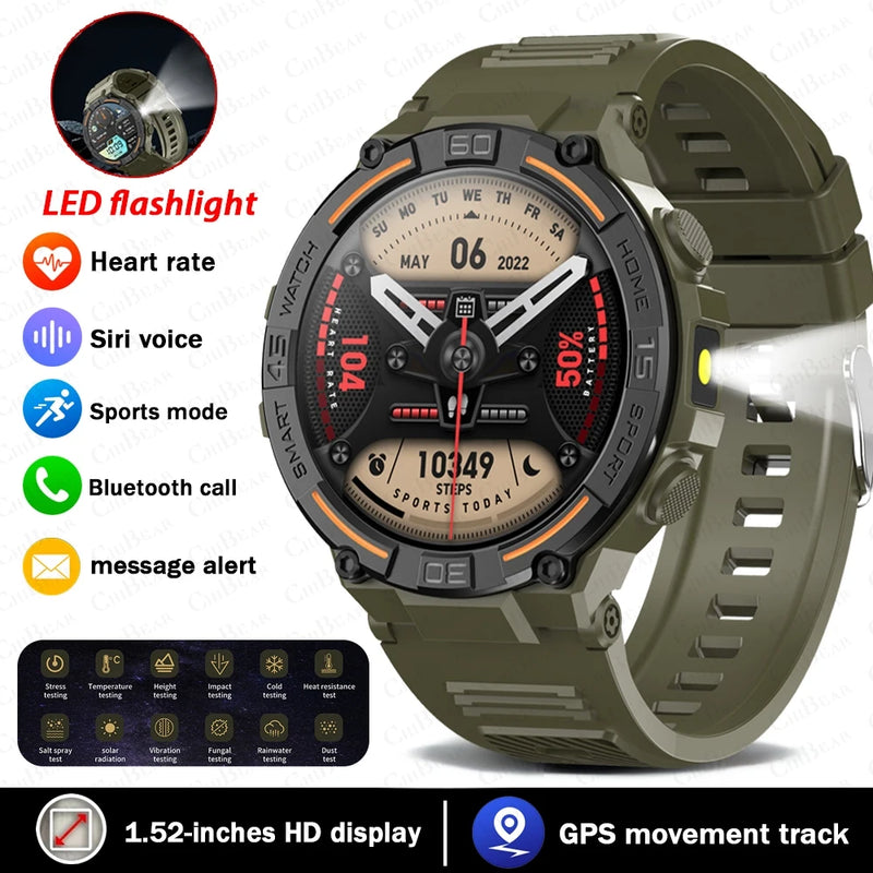 Smartwatch militar à prova d'água para homens, tela HD, lanterna, monitoramento de saúde, freqüência cardíaca, chamada BT, relógio inteligente para Android, IOS, 360x360