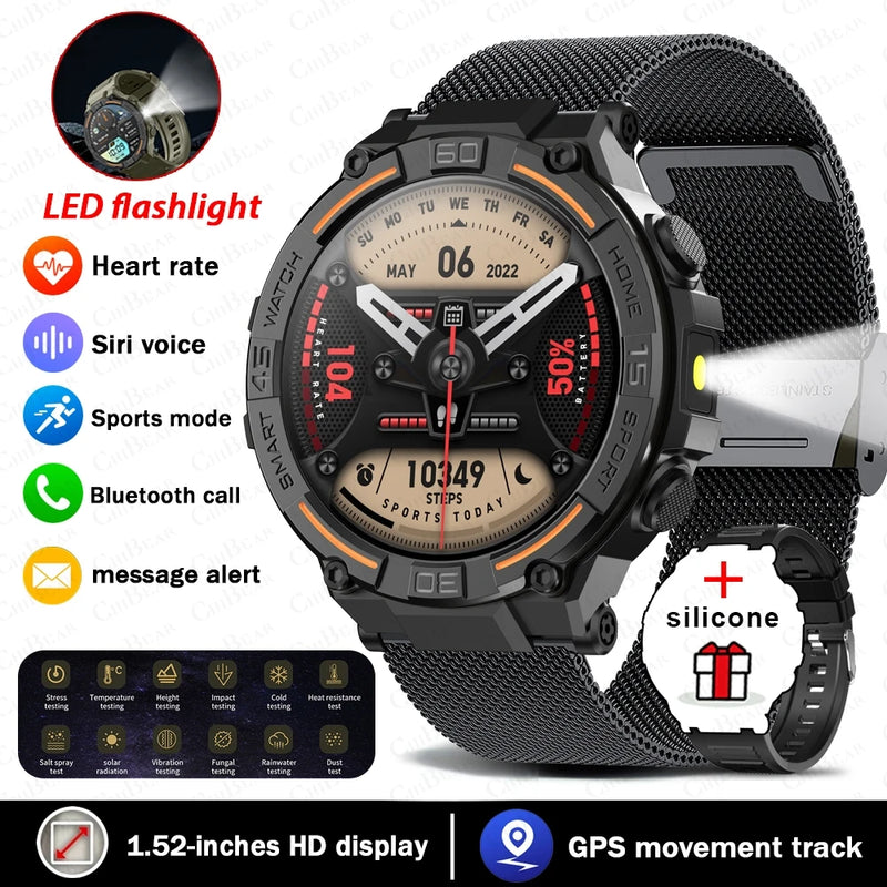 Smartwatch militar à prova d'água para homens, tela HD, lanterna, monitoramento de saúde, freqüência cardíaca, chamada BT, relógio inteligente para Android, IOS, 360x360