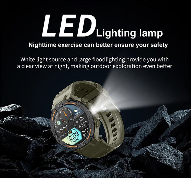 Smartwatch militar à prova d'água para homens, tela HD, lanterna, monitoramento de saúde, freqüência cardíaca, chamada BT, relógio inteligente para Android, IOS, 360x360