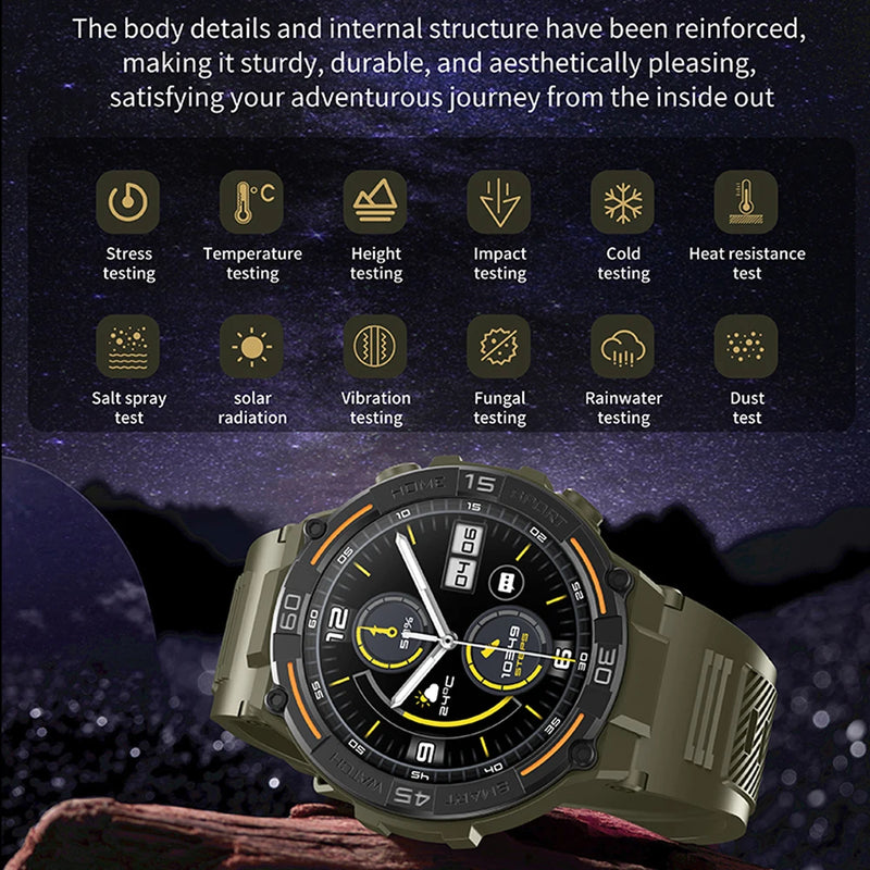 Smartwatch militar à prova d'água para homens, tela HD, lanterna, monitoramento de saúde, freqüência cardíaca, chamada BT, relógio inteligente para Android, IOS, 360x360
