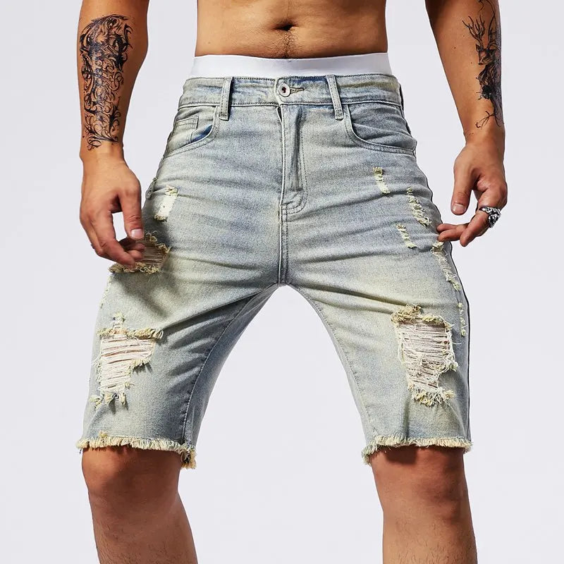 Shorts jeans rasgados de estiramento masculino