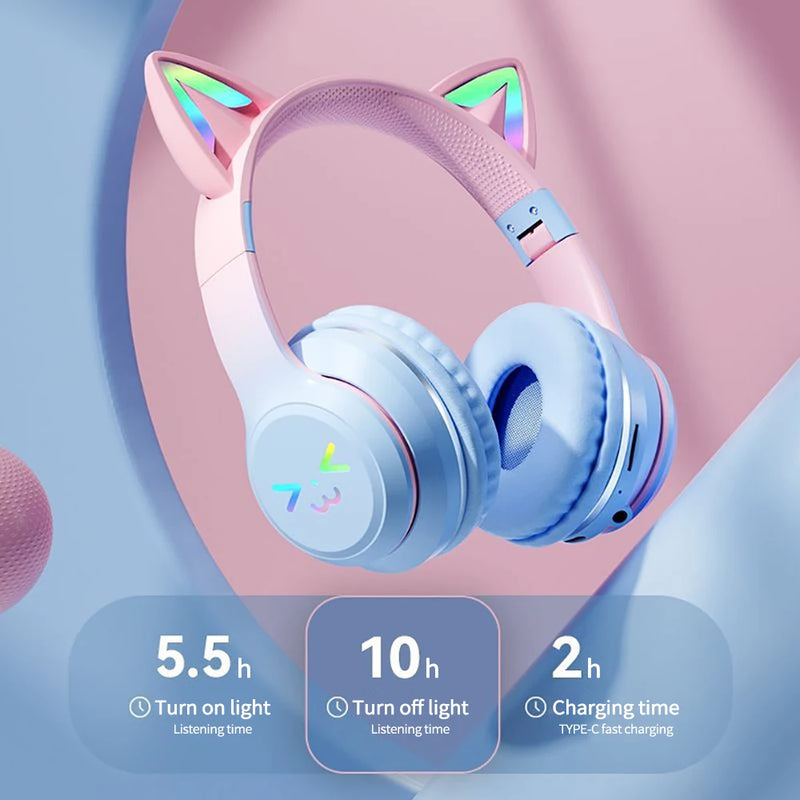 Fones de ouvido bluetooth com microfone, Orelha de gato e com Luzes