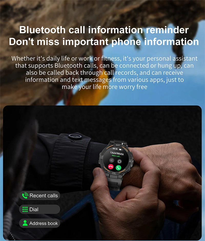Smartwatch militar à prova d'água para homens, tela HD, lanterna, monitoramento de saúde, freqüência cardíaca, chamada BT, relógio inteligente para Android, IOS, 360x360