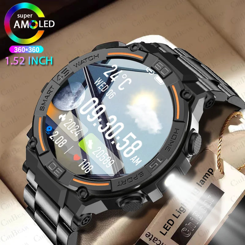 Smartwatch militar à prova d'água para homens, tela HD, lanterna, monitoramento de saúde, freqüência cardíaca, chamada BT, relógio inteligente para Android, IOS, 360x360