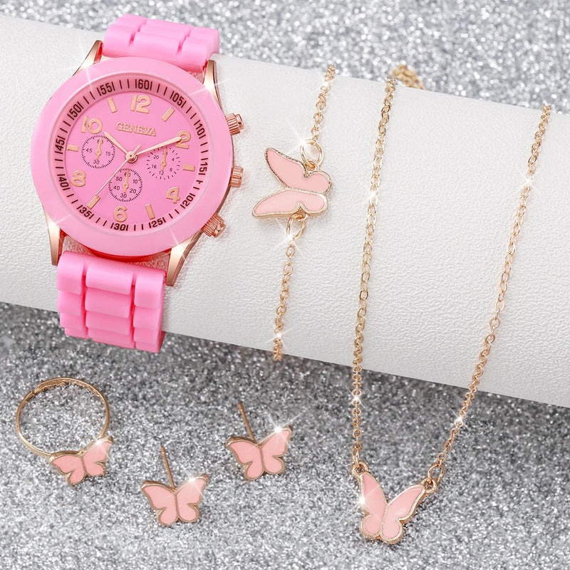 Conjunto Kit 5/6 Relógios de Quartzo | Pulseira de Silicone | Estilo e Elegância para Mulheres e Meninas