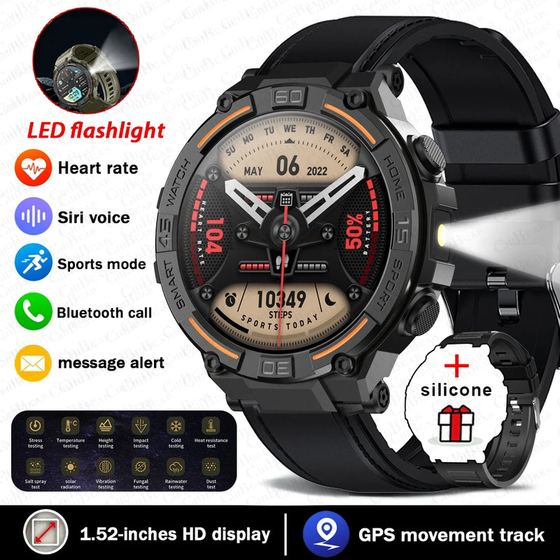 Smartwatch militar à prova d'água para homens, tela HD, lanterna, monitoramento de saúde, freqüência cardíaca, chamada BT, relógio inteligente para Android, IOS, 360x360