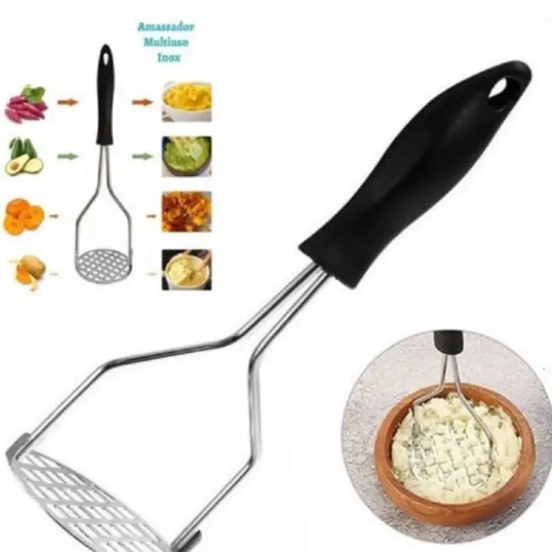 Amassador de Batatas e Legumes Multiuso em Aço Inox com Cabo Plástico
