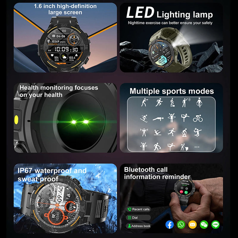 Smartwatch militar à prova d'água para homens, tela HD, lanterna, monitoramento de saúde, freqüência cardíaca, chamada BT, relógio inteligente para Android, IOS, 360x360