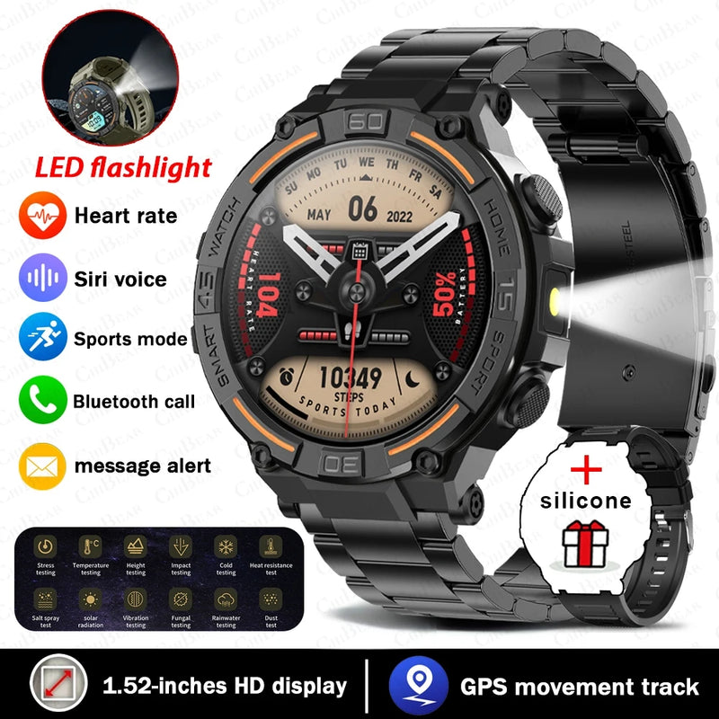 Smartwatch militar à prova d'água para homens, tela HD, lanterna, monitoramento de saúde, freqüência cardíaca, chamada BT, relógio inteligente para Android, IOS, 360x360