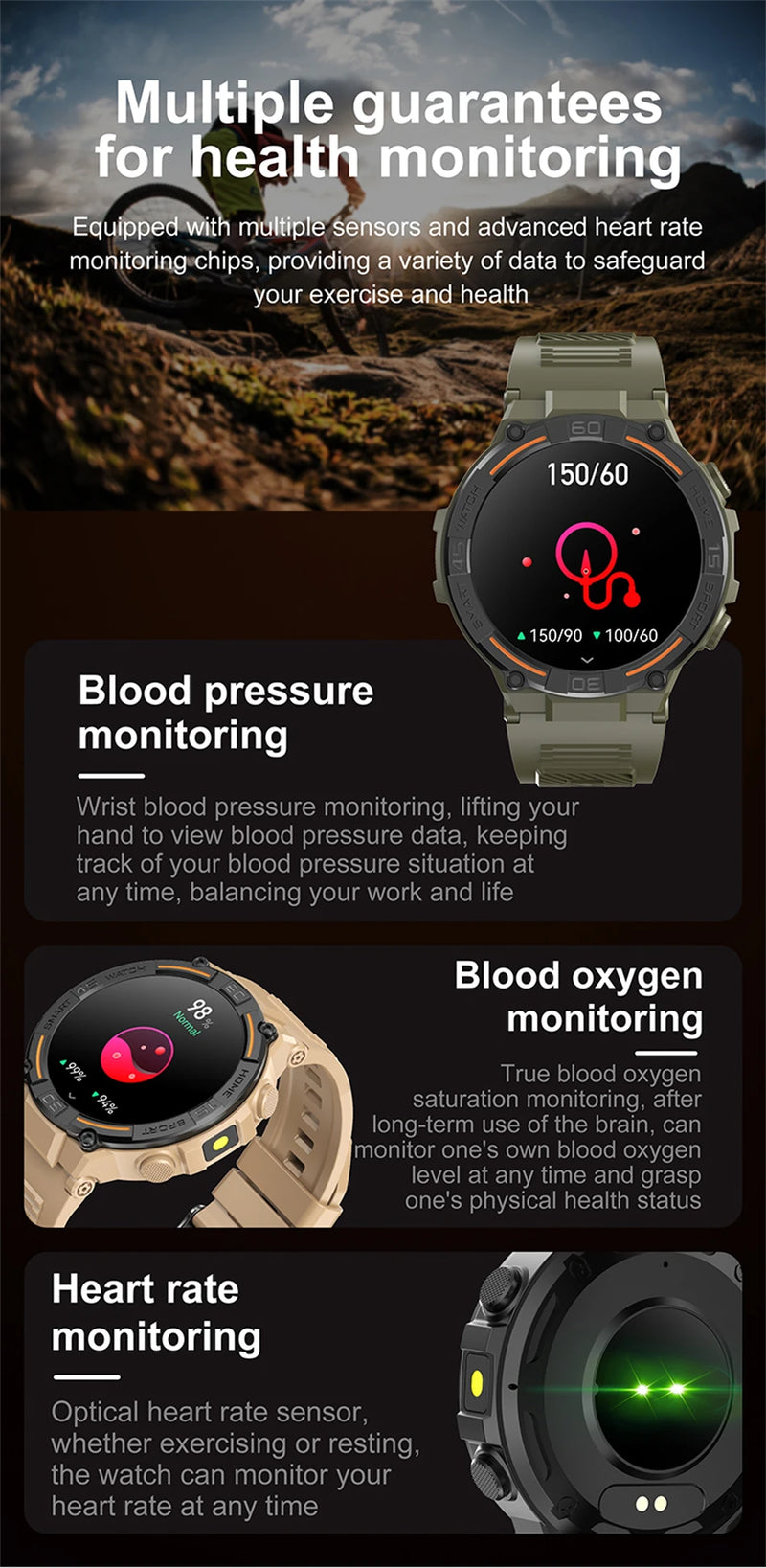 Smartwatch militar à prova d'água para homens, tela HD, lanterna, monitoramento de saúde, freqüência cardíaca, chamada BT, relógio inteligente para Android, IOS, 360x360