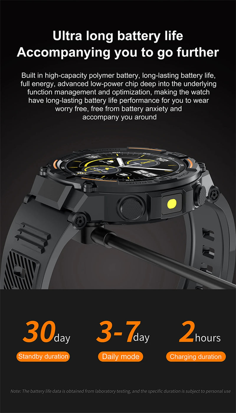 Smartwatch militar à prova d'água para homens, tela HD, lanterna, monitoramento de saúde, freqüência cardíaca, chamada BT, relógio inteligente para Android, IOS, 360x360