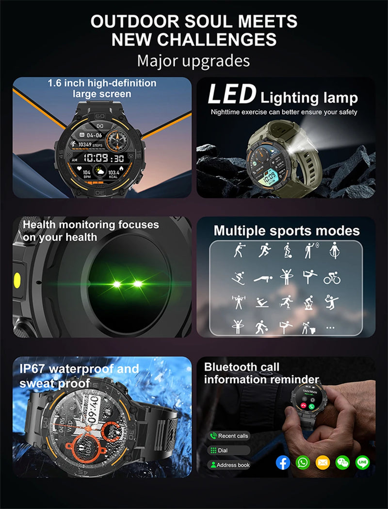 Smartwatch militar à prova d'água para homens, tela HD, lanterna, monitoramento de saúde, freqüência cardíaca, chamada BT, relógio inteligente para Android, IOS, 360x360