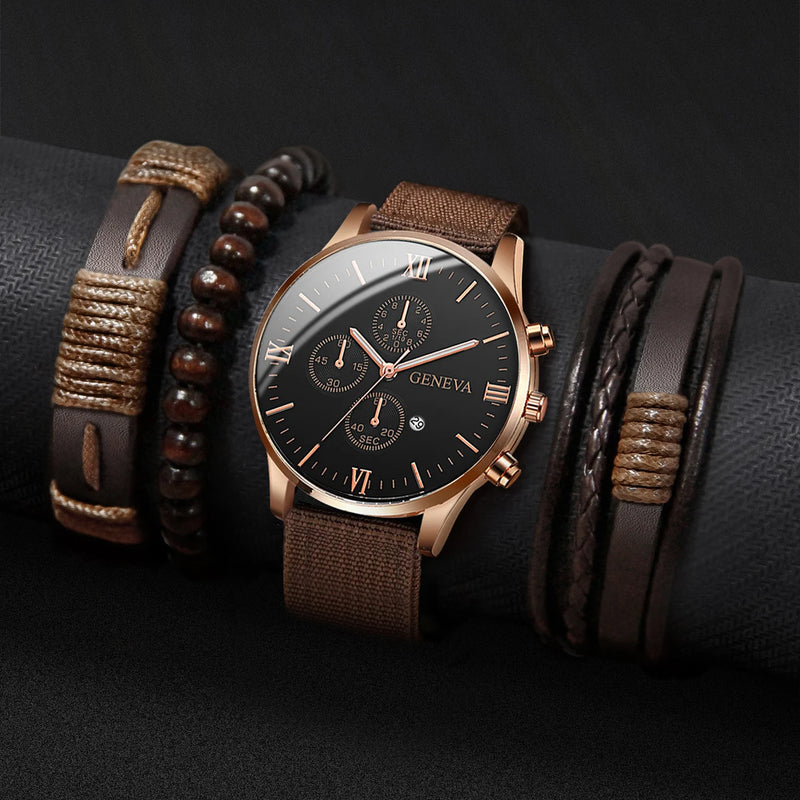 Kit 4/5 Relógio Masculino Estilo Casual – Pulseira Couro/Náilon | Quartzo