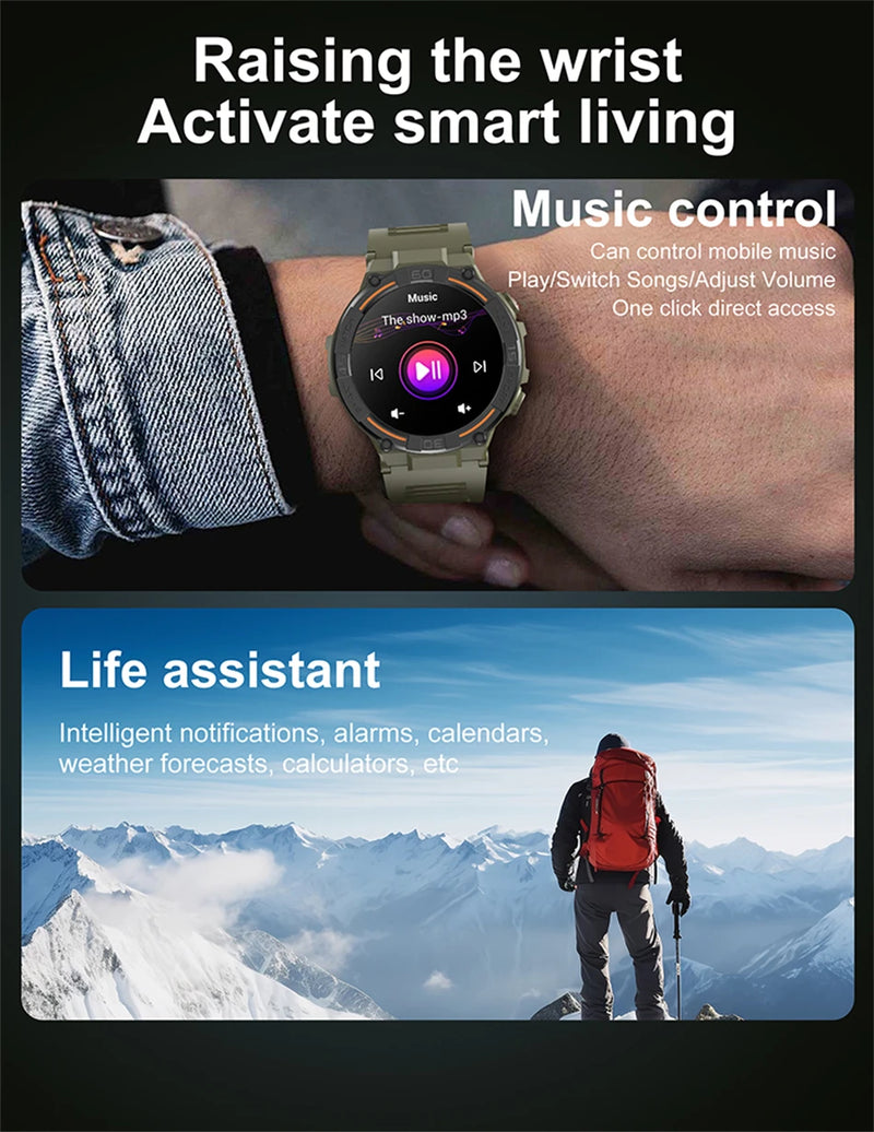 Smartwatch militar à prova d'água para homens, tela HD, lanterna, monitoramento de saúde, freqüência cardíaca, chamada BT, relógio inteligente para Android, IOS, 360x360