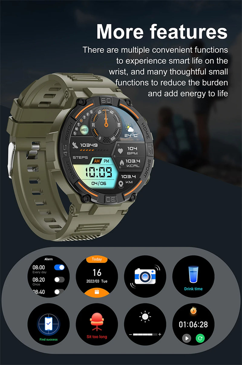 Smartwatch militar à prova d'água para homens, tela HD, lanterna, monitoramento de saúde, freqüência cardíaca, chamada BT, relógio inteligente para Android, IOS, 360x360
