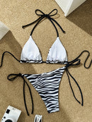 Biquíni de três pontos para mulher com alças estampadas, simples e sexy, em duas peças.