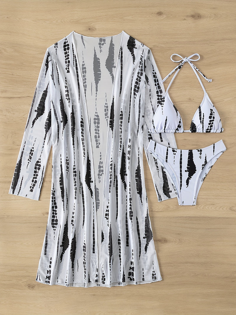 Robe de Praia Ombro a Ombro Feminino – Estampa Abstrata em Preto e Branco, Manga Longa, Poliéster de Alta Elasticidade, Biquíni Tomara que Caia com Detalhe Cruzado, Perfeito para Férias e Beira da Piscina
