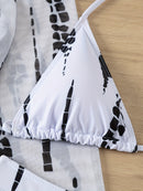 Robe de Praia Ombro a Ombro Feminino – Estampa Abstrata em Preto e Branco, Manga Longa, Poliéster de Alta Elasticidade, Biquíni Tomara que Caia com Detalhe Cruzado, Perfeito para Férias e Beira da Piscina