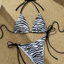 Biquíni de três pontos para mulher com alças estampadas, simples e sexy, em duas peças.