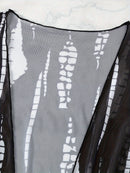 Robe de Praia Ombro a Ombro Feminino – Estampa Abstrata em Preto e Branco, Manga Longa, Poliéster de Alta Elasticidade, Biquíni Tomara que Caia com Detalhe Cruzado, Perfeito para Férias e Beira da Piscina