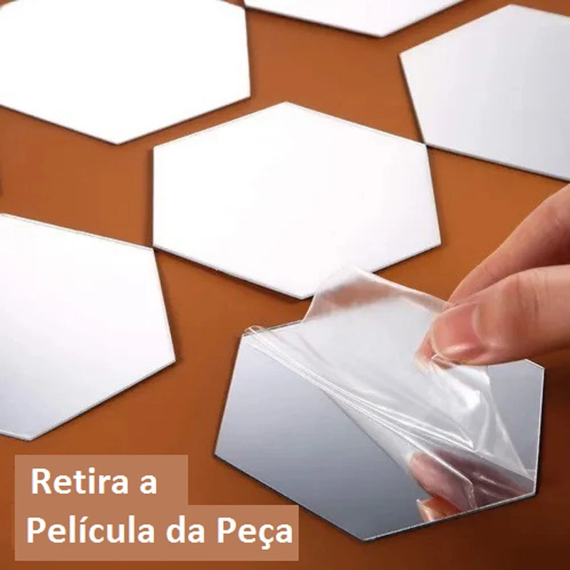 Kit 10 Espelho Adesivo Decorativo Hexágono 12x10cm